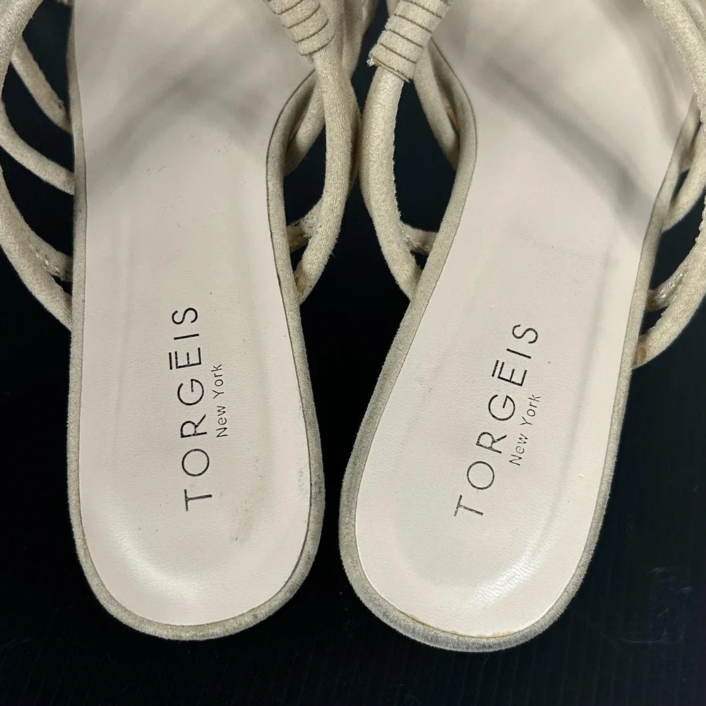 Torgeis New York Size 7.5 Suede Tan Sandals Strappy Heel Mule NEW MEDINILLA $100